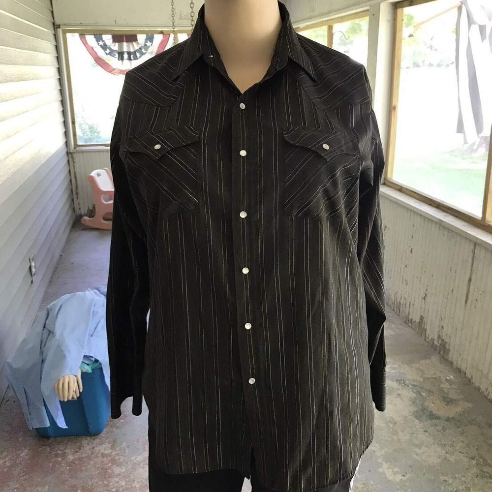 2 Western Pearl Snap Shirt Bundle Black Blue Pinstripe Long Sleeve